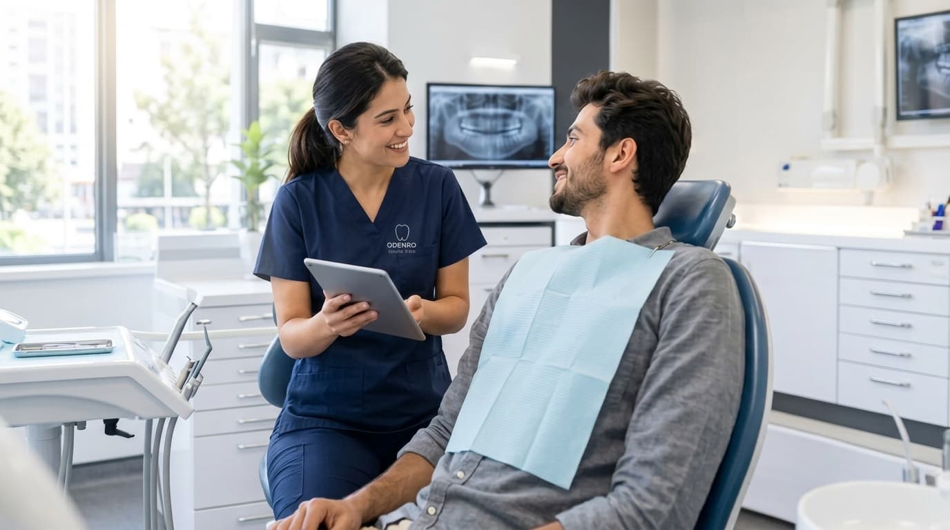 Warm dentist consultation and patient smile assessment at Odenro Dental Care